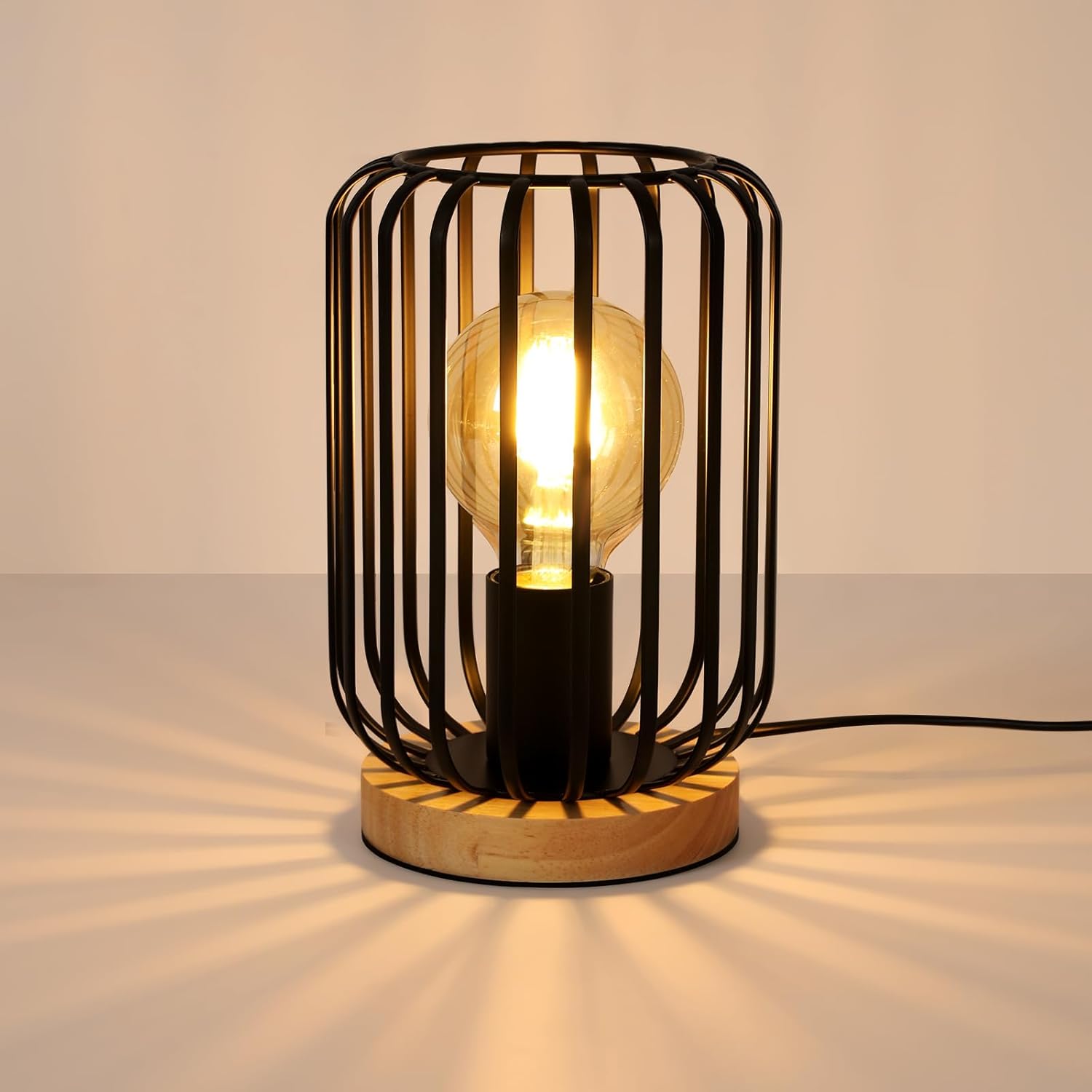 Lampe de table industrielle cage métal & bois – style vintage E27